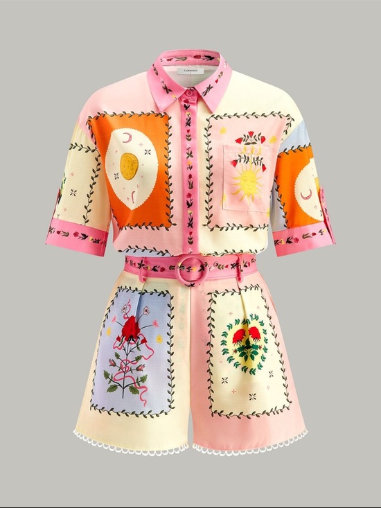 Commense Tops - Commense Belted Floral Print Short Set Multicolor Matching Set Resort- Medium